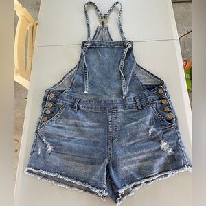 Refuge distressed medium wash stretch denim overalls. Side buttons. Size 16.